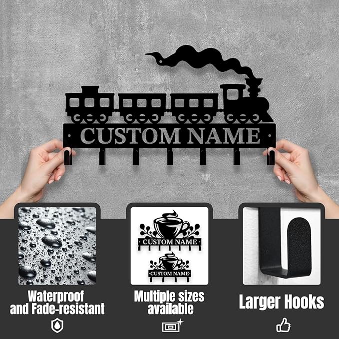 Personalized Train Metal Keys Hooks,Custom Name Metal Train Keys Hooks,Black Metal Train Wall Home Storage Decorative Keys Hooks,Key Holder Hooks for Wall (Style D)