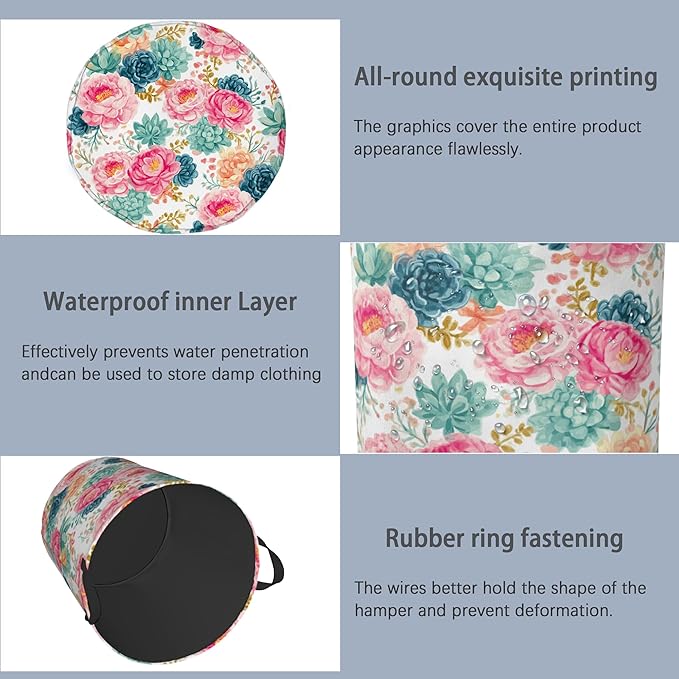 Succulent Plant Laundry Basket,Pink Flowers Oxford Cloth Laundry Hamper with Handle Foldable Portable Clothes Storage Basket for Bathroom Bedroom Dorm Room 16" x 20.8"