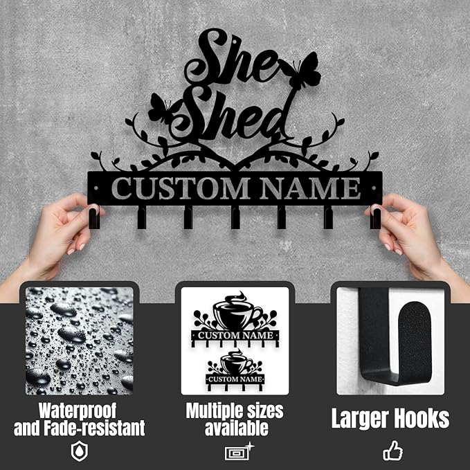 Personalized She Shed Metal Keys Hooks,Custom Name Metal She Shed Keys Hooks,Black Metal She Shed Wall Home Storage Decorative Keys Hooks,Key Holder Hooks for Wall (Style F)