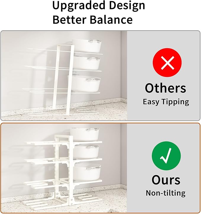 Fovkdcvw Adjustable Pots and Pans Organizer Under Cabinet, 8-Tier Pot and Pan Organizers Inside Cabinet, Kitchen Cabinet Organizers and Storage, White