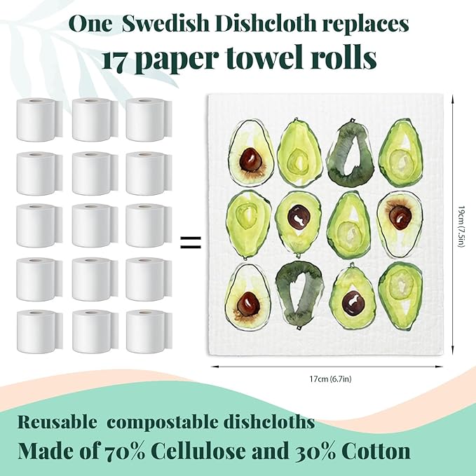 LARTSFRO Avocado Swedish Dishcloths for Kitchen, Swedish Dish Cleaning Cloths for Friut, Papaya Reusable Paper Towels, 4 Pack Dish Towels for Kitchen, Reusable Sponge Cloths Washable