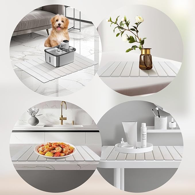 Hopegiver Stone Drying Mat for Kitchen Counter, 24"x16" Collapsible Quick Dry Dish Drying Mat, Super Absorbent Diatomaceous Earth Mat for Dishes Bottles Cups Bathroom, White with Sanding Block