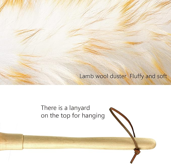iHUFeather Lambswool Duster 14'' Length Solid Wooden Handle Leather Hang Strap for Cleaning Ceiling Fans Window Blinds Computer Furniture Figurines TV Natural Feather Duster,Yellow+White