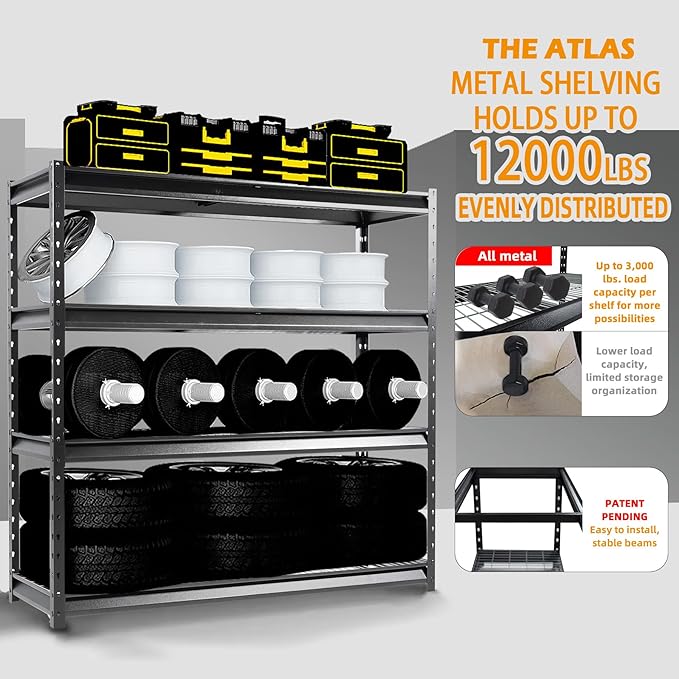 Shuntong The Atlas 72" W Metal Garage Shelving Unit Load 12000 Lbs, 4 Tier Heavy Duty Storage Rack, Adjustable Industrial Shelves for Warehouse Shop Basement, 72" W x 24" D x 72" H, Black