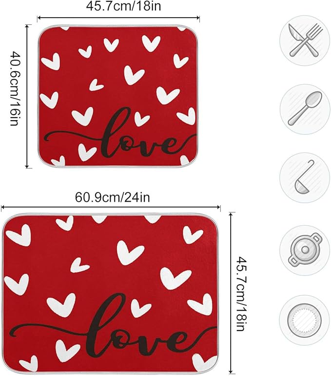 Happy Valentine's Day Dish Drying Mat for Kitchen Red White Love Heart Microfiber Drying Mats Absorbent Reversible Dish Pad Large Dish Draining Mat 18x24 inch