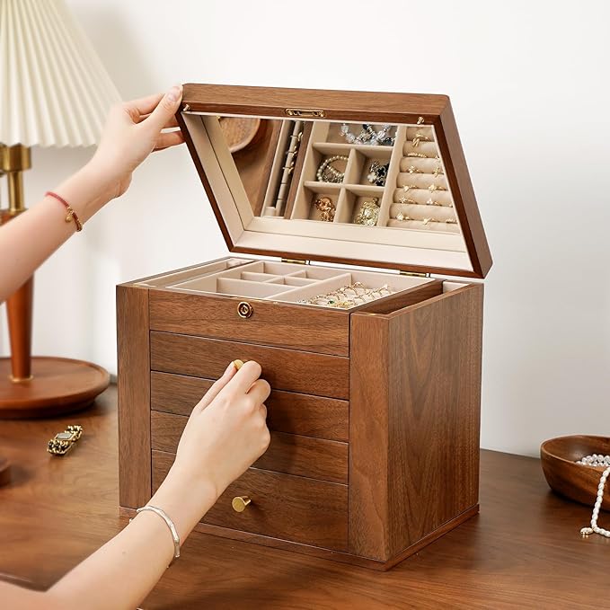 Walnut Wooden Jewelry Box,5-Layer Mirror,Velvet Jewelry Organizer with 11.8x7.8x10.4 Inches,Side Doors Brass Handle Jewelry Organizers Storage for Women Bridesmaid Christmas Gifts