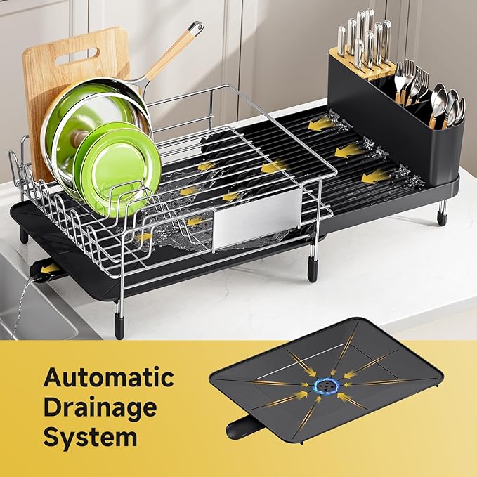 Urackify Large Dish Drying Rack - 304 Stainless Steel Dish Rack for Kitchen Counter, Extendable Dish Drainers with Cutlery & Cup Holders, Black