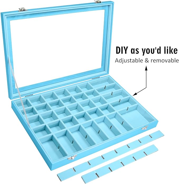 Jewelry Tray Organizer Box 48 Grid Jewelry Display Organizer Box with Transparent Lid Rings Earrings Necklaces Pendants Display Box Suitable for Women and Girls (48 Grid, Sky Blue)