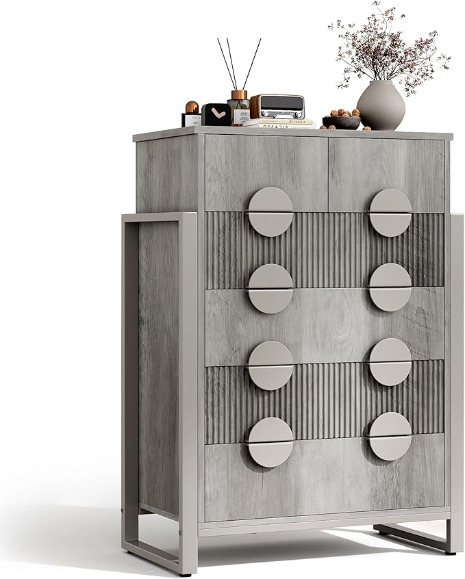 Fluted Dresser for Bedroom with 6 Drawers, 44.5" Tall Chest of Drawers with Raised H Legs and Curved Profile Design, Wood Closet Clothes Storage Organizer for Bedroom, Hallway, Grey