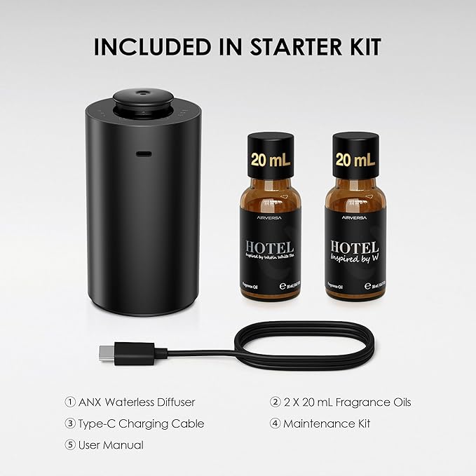Airversa Waterless Essential Oil Diffuser Starter Kit with 2x20mL Hotel Fragrance Oils for Car Home Office,Premium Aluminum Housing, Up to 600 sq ft, Aroma Nebulizer Baterry Operated, ANX Kit-3 Black