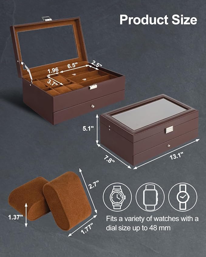 Jenseits Watch Organizer & Jewelry Box for Men – 6 Watch Slots, 3 Sunglass Slots, Drawer for Rings, Bracelets & Cufflinks, 2-Layer Leather Watch Display Case w/Glass Lid, Gift for Men & Women, Brown