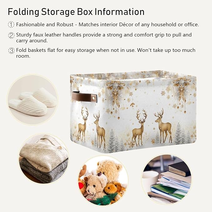 ALAZA Golden Reindeer Deer Merry Christmas Foldable Storage Box Storage Basket Organizer Bins with Handles for Shelf Closet Living Room Bedroom Home Office 1 Pack