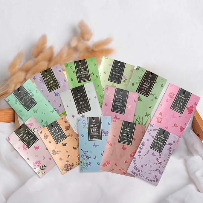 LIFFLY 13 Scents Scented Sachets for Drawers and Closets 14 Packs Lavender Rose Jasmine Ocean Vanilla Sandalwood Fresh Linen Cherry Blossoms Lilac Eucalyptus Peppermint Lemongrass Peony Gift Box