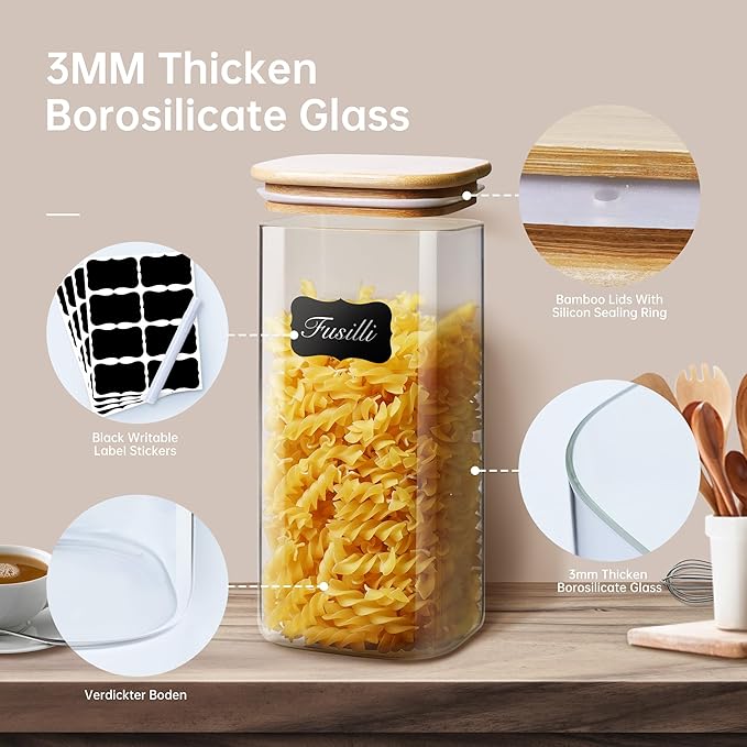 HomArtist Square Glass Jars with Bamboo Lids 79 FL OZ [Set of 3], Glass Canisters with Airtight Lid, Glass Food Storage Containers for Spaghetti, Fettuccine, Linguine,Pasta, Best for Kitchen & Pantry