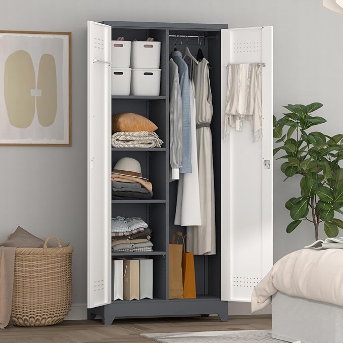 73" H Broom Closet Storage Cabinet, Metal Storage Cabinet with Adjust Shelves,Utility Cabinet,Utility Closet for Garage,Gray-White