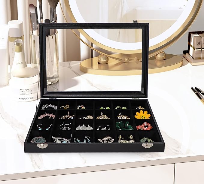 Wudygirl Jewelry Organizer Clear Lid 24 Grid Jewelry Box Case Organizer Showcase Display Jewelry Tray Removable Black Velvet Locked