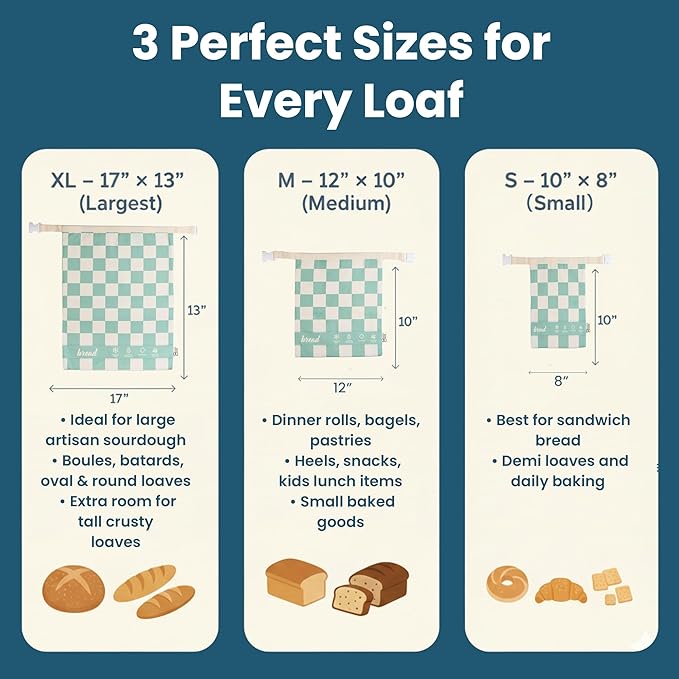 Buzzy Bags 3-Pack Reusable Beeswax Bread Bags (XL, M, S) - Organic Cotton Beeswax Bread Storage Bag for Homemade Bread & Sourdough Freezer-Safe, Breathable & Freshness Support - Eco-Friendly Bread Bag