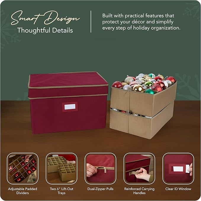 Covermates Keepsakes Adjustable Ornament Storage Box – Heavy-Duty Polyester, Padded Dividers & FlexGrid Trays – Protective Holiday Organizer with Stackable Walls & Label Window, Red