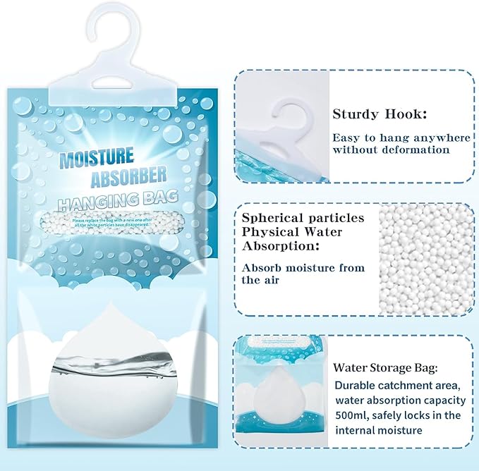 Corodo Moisture Absorbers Packets - Hanging Moisture Absorbers Dehumidifier Bags for Closet Bathroom Kitchen, Fragrance Free Humidity Absorber Packs, Removes Moisture & Odors, 12 Pack