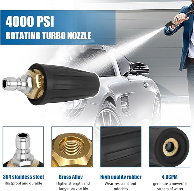 Pressure Washer Tips Turbo Nozzle - 4000PSL Max Rotating 360° Pressure Washer Turbo Nozzle 4.0 GPM 4.0 Orifice With 1/4'' Quick Connect for Cleaning Garden Car Brick, Concrete, and Vinyl Surfaces