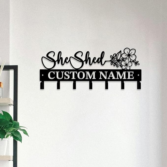 Personalized She Shed Metal Keys Hooks,Custom Name Metal She Shed Keys Hooks,Black Metal She Shed Wall Home Storage Decorative Keys Hooks,Key Holder Hooks for Wall (Style E)