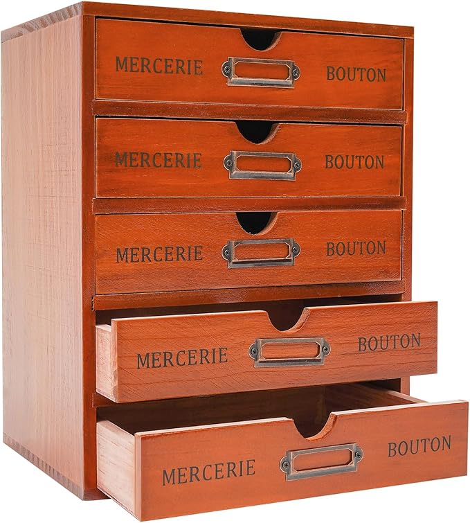 5-layer Wooden Jewelry Box for Women, Retro Desktop Storage Box with Drawers,Desk Organizer Storage Cabinet Wood Jewelry Organizer Vintage Storage Box Wooden Table Top Desk Drawer