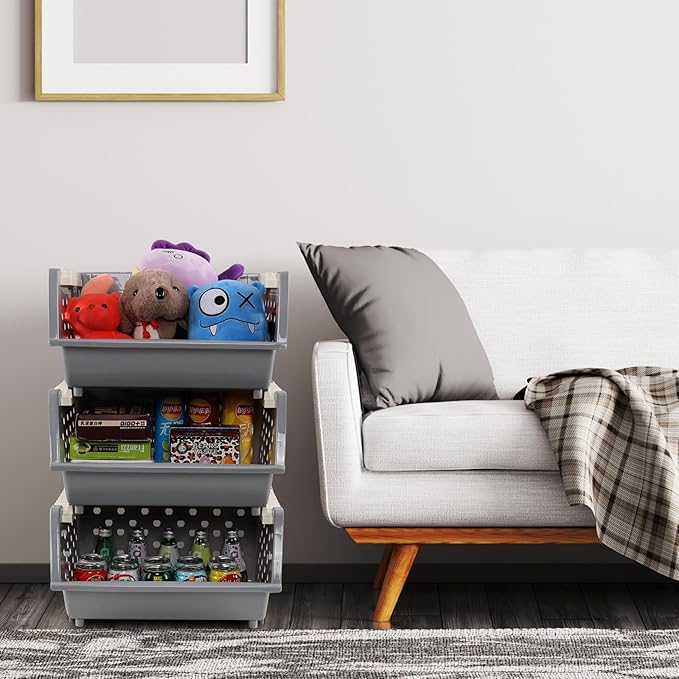 Ggbin 3 Tier Stackable Storage Baskets, Plastic Stacking Open Front Storage Bin, Grey