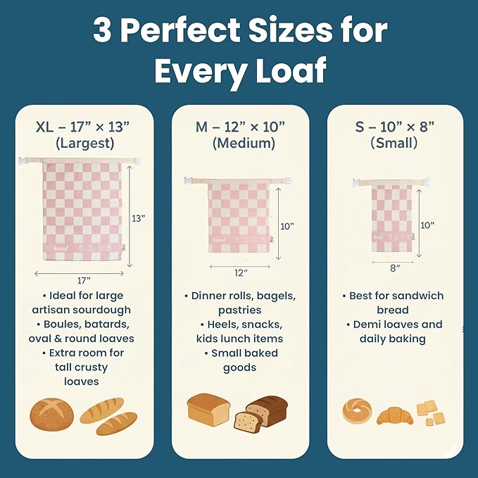Buzzy Bags 3-Pack Reusable Beeswax Bread Bags (XL, M, S) - Organic Cotton Beeswax Bread Storage Bag for Homemade Bread & Sourdough Freezer-Safe, Breathable & Freshness Support - Eco-Friendly Bread Bag