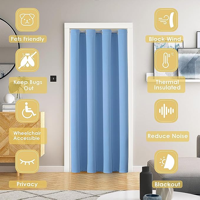 ChrisDowa Blackout Door Curtains for Doorway Privacy, Grommet Closet Curtains for Bedroom Closet Door, Thermal Insulated Temporary Doorway Cover Room Divider Drapes (1 Panel, Sky Blue, 34 x 80 Inch)
