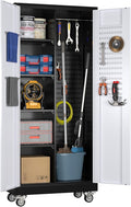 Metal Broom Closet Storage Cabinet with Hanging Rod, 71" H Garage Storage Cabinet with Wheels and Pegboard & 13 Hooks for Garage, Home, Black and White, Assembly Required
