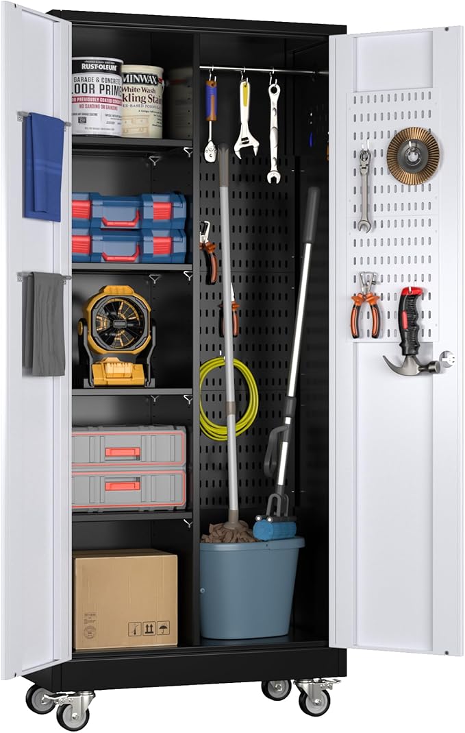 Metal Broom Closet Storage Cabinet with Hanging Rod, 71" H Garage Storage Cabinet with Wheels and Pegboard & 13 Hooks for Garage, Home, Black and White, Assembly Required