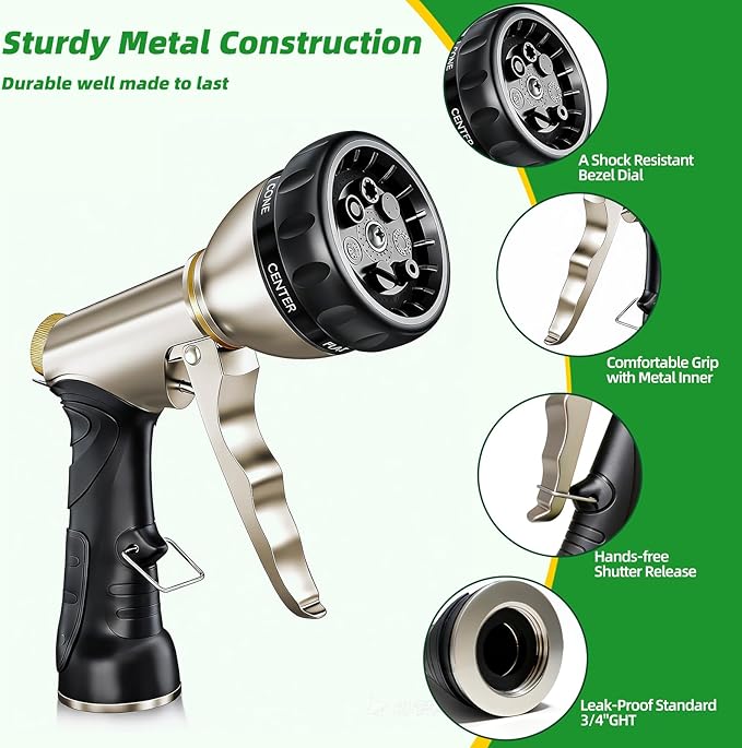 ARXIVE Garden Hose Nozzle,Heavy Duty High Pressure Hand Sprayer,100% Metal Water Hose Sprayer Nozzle with 7 Spray Patterns for Watering Garden,Lawns,Car Washing and Pet Washing