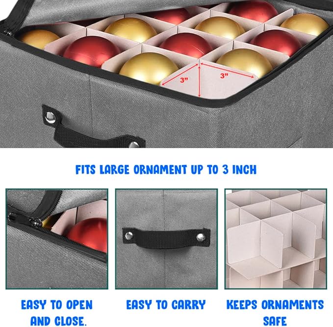 ProPik Christmas Ornament Storage Box, 4 Tier Holds Up to 64 Holiday Ornaments Decoration Balls, Storage Container with Dividers for 3” Bulbs, Made with Durable Oxford Polyester Material (Gray)