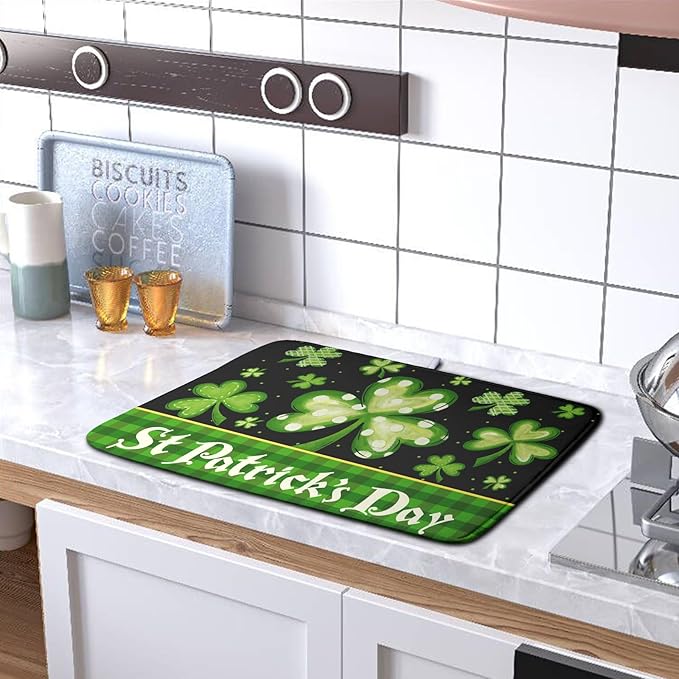 Happy St. Patrick's Day Kitchen Drying Mat Green Plaid Lucky Shamrock Clover Dish Drying Mat St Patrick's Day Super Absorbent Dish Dry Pad Microfiber Dish Drainer Mats for Kitchen Counter 18x24 Inch