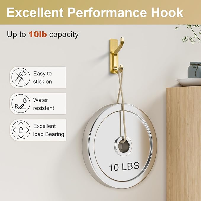 pickpiff Adhesive Wall Coat Hooks - Heavy Duty Stick-On Door Hanger, Metal Hook for Hanging Towel,Purse, Robe, Backpack, Jacket, Clothes - for Bathroom,Dorm, Closet, Kitchen - Gold, 10 Pack