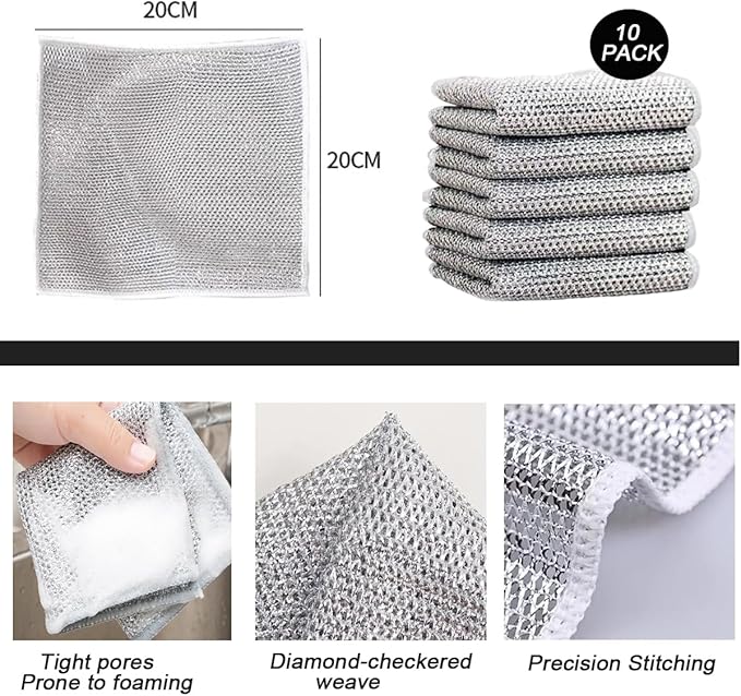 10 PCS Multipurpose Wire Dishwashing Rag for Wet and Dry,Non-Scratch Wire Dishcloth,Scrubbing Wire Dishwashing Rags,Time-Saver Kitchen Wipes Cleaning Cloths (Monolayer)