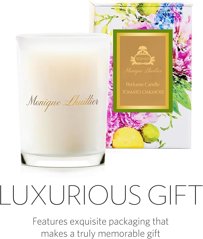 Agraria Monique Lhuillier Tomato Oakmoss Perfume Candle, 7 Oz, 40-50 Hours Flicker Time, Fresh Alluring Botanical Earthy Scented Candles for Home