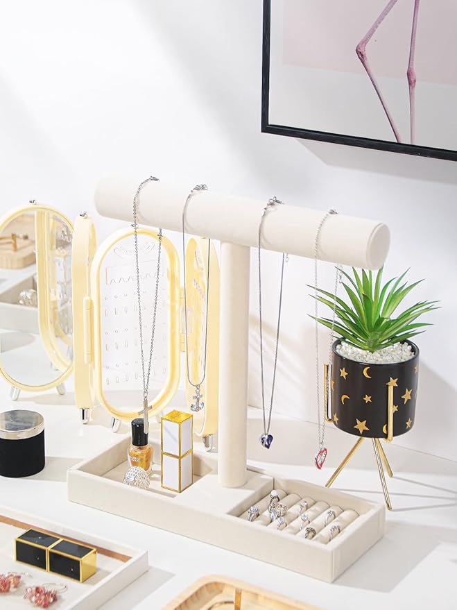 Justsoso Multi-Use Jewelry Holder Stand, Necklace Bracelet Ring Organizer Stand, Scrunchie Watches Velvet Jewelry Holder Stand With Tray for Women Home Use(Beige Color)