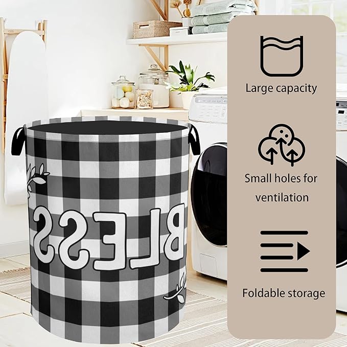Checkered Bless Laundry Basket, Black White Foldable Laundry Hamper, Waterproof Fabric Storage Basket with Handles, Clothes Hampers for Laundry,Bedroom,Dorm