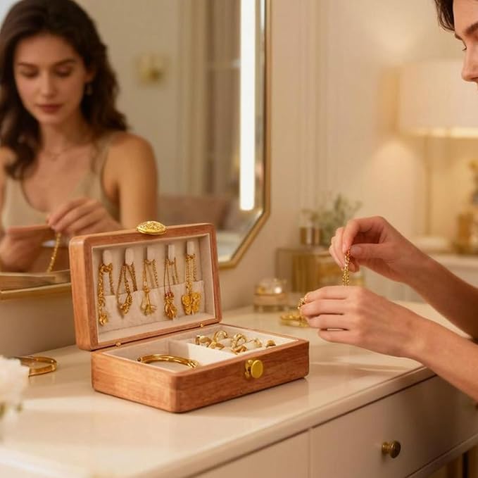 Travel Jewelry Case Small Wood Jewelry Organizer Jewelry Box for Women (Pine Wood Print)
