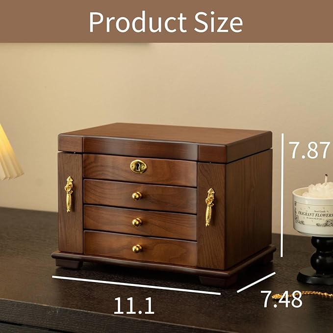 Kinsuite Black Walnut Jewelry Box - 4-tie Mirror & Multiple Drawers Handcrafted Solid Wood Treasure Chest for Women, Floral-Inspired Storage Organizer