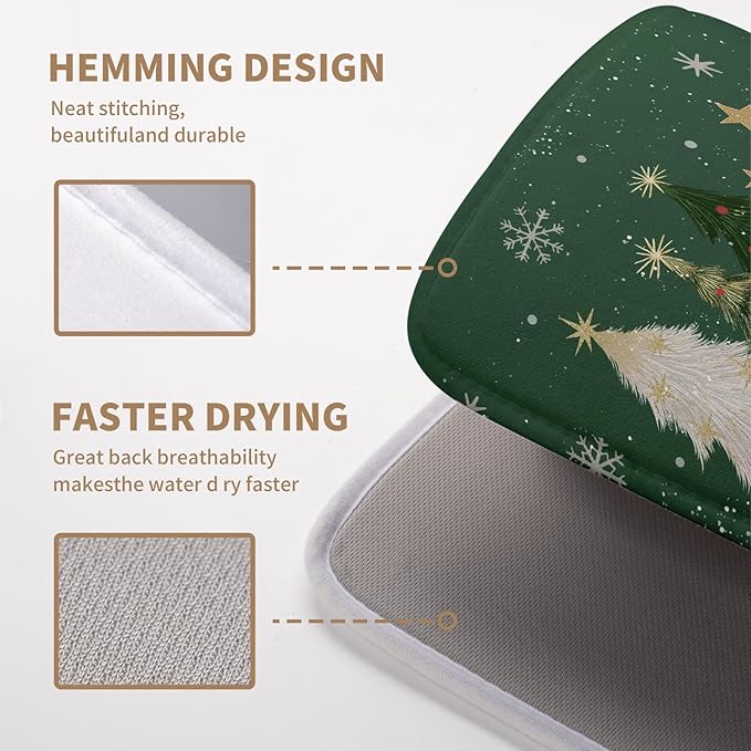 Wnoesat Green Christmas Tree Snowflakes Dish Drying Mat for Kitchen Counter 16x18 Inch Winter Xmas Holiday Dish Rack Mat Absorbent Microfiber Dish Draining Mat Reversible Drainer Pad