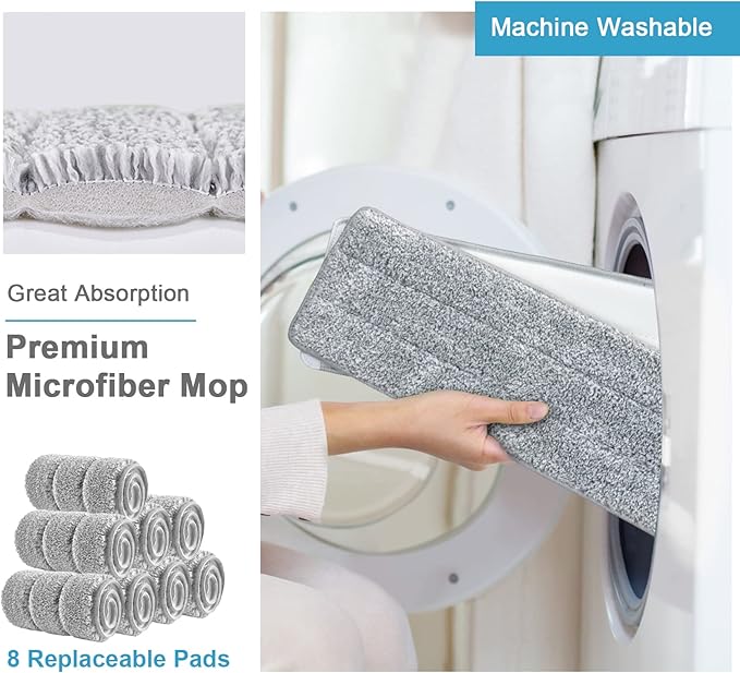 BOSHENG Mop and Bucket with Wringer Set, Hands Free Flat Floor Mop and Bucket, 8 Washable Microfiber Pads Included, Wet and Dry Use, Home Floor Cleaning System for All Floor Types and Windows