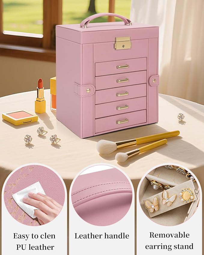 TORIBIO Large Jewelry Box for Women, Leather Jewelry Organizer with Mirror & Lock, 6-Tier Jewelry Storage Case for Girls/Women/Mothers, Necklace Earring Bracelets Holder Organizer