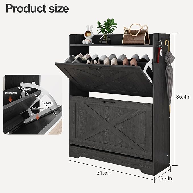Shoe Cabinet with 2 Flip Drawers & Adjustable Shelf,Wood Shoe Organizer,Freestanding Hidden Shoe Storage Cabinet for Entryway,Hallway (Black)