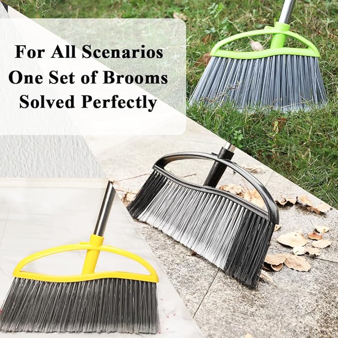 3 Pack Wide Heavy Duty Angle Broom - Stiff Bristle Outdoor Brooms for Sweeping Patio, Garden, Garage, Yard (Black, Yellow, Green)