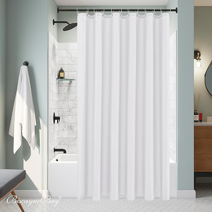 Biscaynebay Fabric Shower Curtain Short Stall Liners 72" W X 65" L, White Water Resistant Bathroom Curtains, Rust Resistant Grommets Top Weighted Bottom Machine Washable
