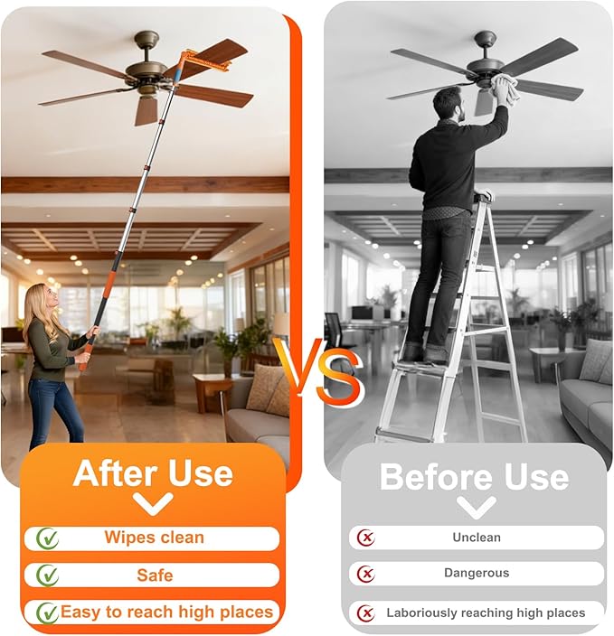 LAANPOLE 20FT Reach Ceiling Fan Cleaner Duster, Fan Blade Cleaner Kit with 3-12FT Extension Pole, Microfiber Duster & Replaceable Cleaning Cloth for Blades, Ceiling, Furniture