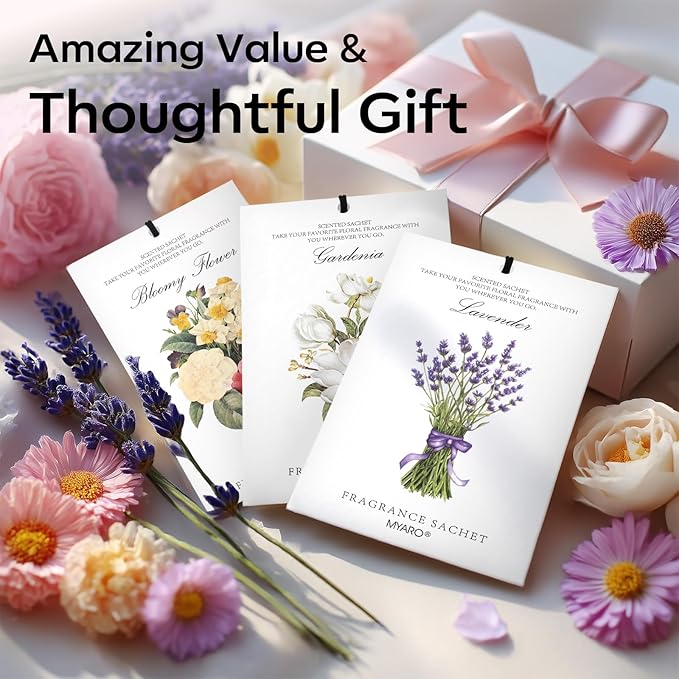 MYARO 12 Packs Scented Sachets for Drawer and Closet, Long-Lasting Potpourri Bags Closet Air Freshener Home Fragrance Sachet 3 Scents Options- Lavender, Bloomy Flower, Gardenia