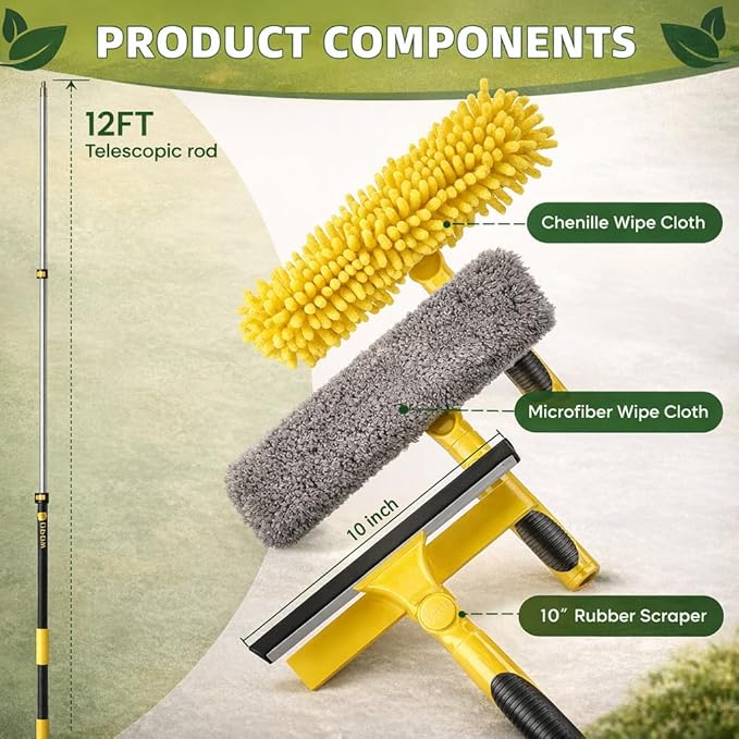 150'' Long Reach Window Squeegee with Telescoping Extension Pole, 2-in-1 Indoor/Outdoor Cleaning Tool with 270° Rotatable Head, Lightweight Alloy Aluminum Pole for Shower Door, Mirror, Car Windshield